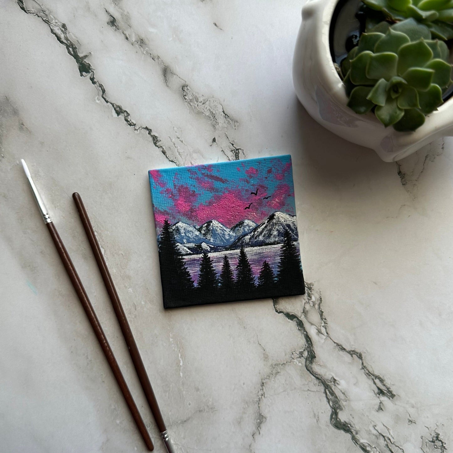 mini mountain landscape with easel
